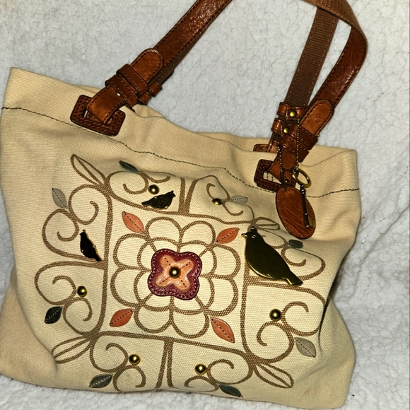 Fossil Tote and Matching Makeup Bag Canvas/Leather Brass - Picture 1 of 2